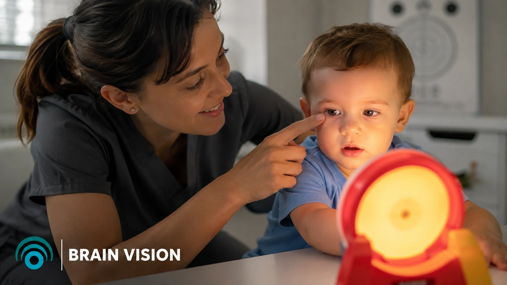 Therapist guiding a young child through a neuro-visual rehabilitation activity for Cortical Visual Impairment (CVI), illustrating brain-based vision therapy.