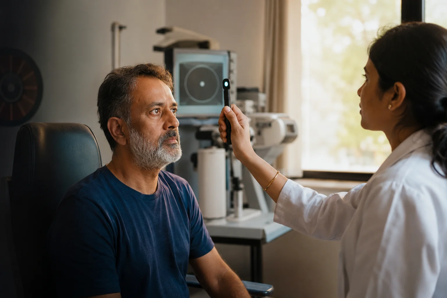 Therapist guiding a stroke survivor through a neuro-optometric rehabilitation exercise to restore visual field awareness and eye coordination.