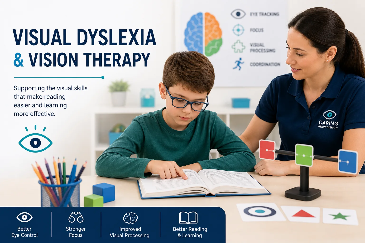 Child performing reading and eye tracking exercises during developmental vision therapy session