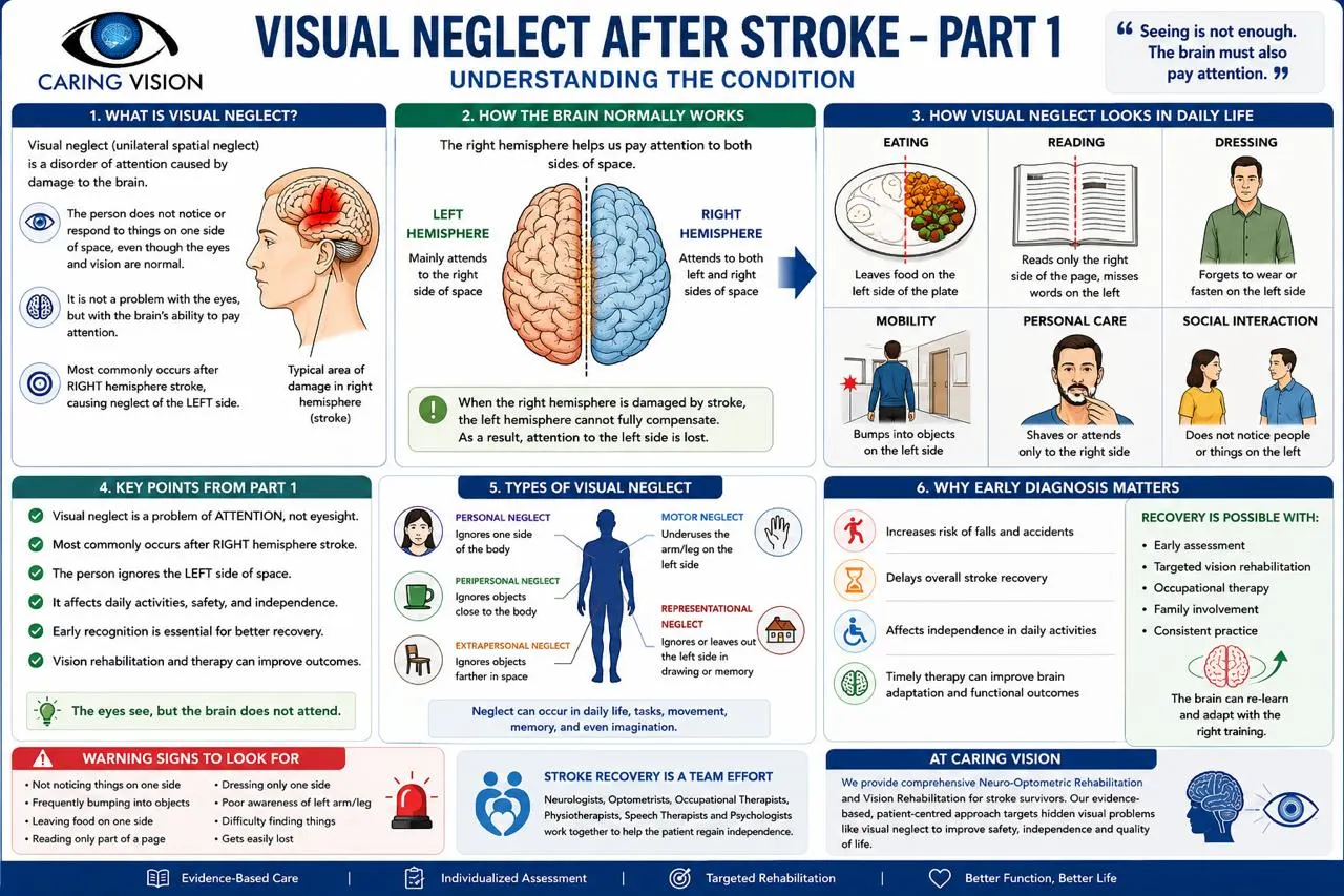 Occupational therapist guiding a stroke survivor through a visual scanning exercise to rehabilitate left-sided visual neglect.