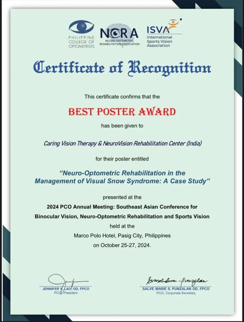 Best Poster Award presented to Caring Vision Therapy and NeuroVision Rehabilitation Center at the 2024 PCO Annual Meeting, Philippines