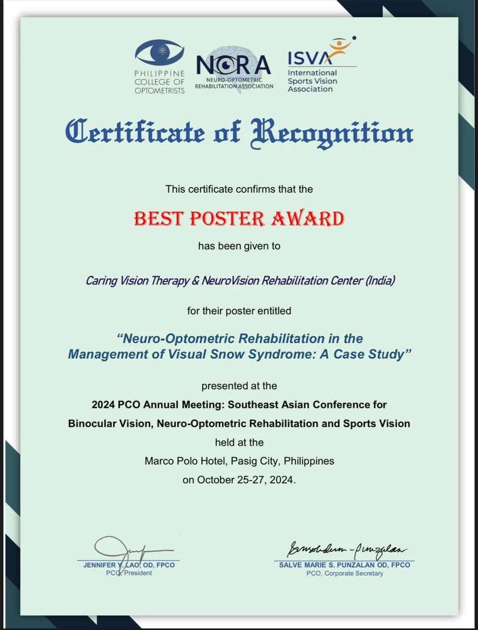 Best Poster Award presented to Caring Vision Therapy and NeuroVision Rehabilitation Center at the 2024 PCO Annual Meeting, Philippines
