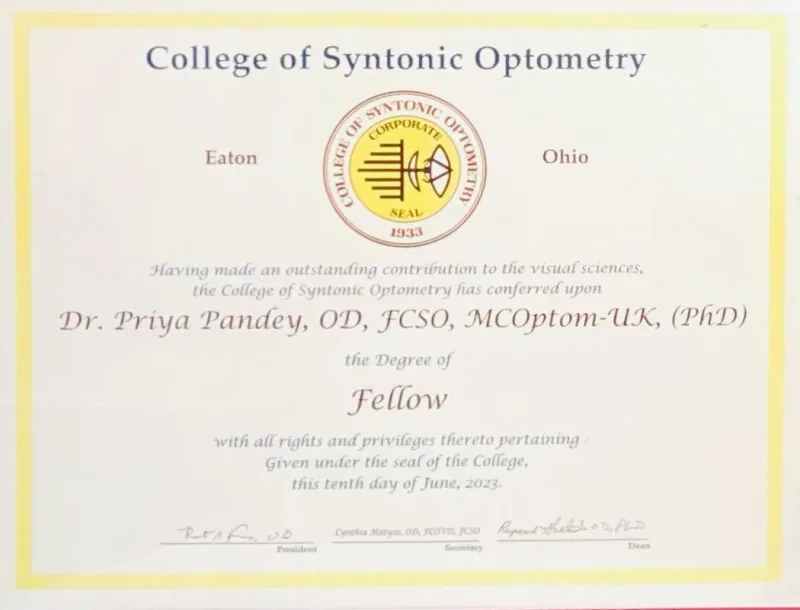 Optom. Priya Pandey Fellow of the College of Syntonic Optometry (FCSO) certificate
