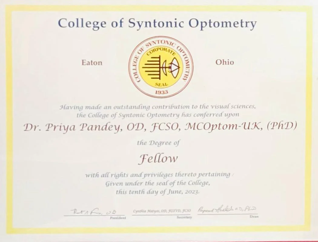 Optom. Priya Pandey Fellow of the College of Syntonic Optometry (FCSO) certificate