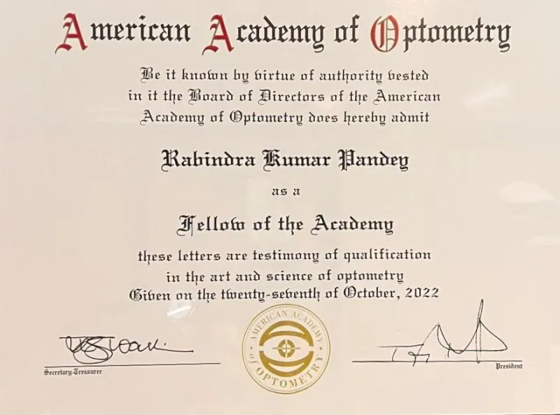 Optom. Rabindra Kumar Pandey Fellow of the American Academy of Optometry (FAAO) certificate