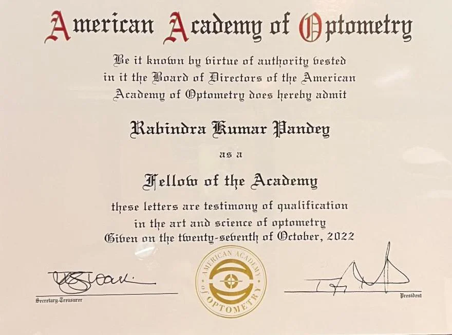 Optom. Rabindra Kumar Pandey Fellow of the American Academy of Optometry (FAAO) certificate
