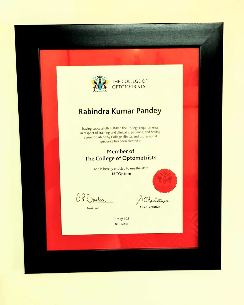 Optom. Rabindra Kumar Pandey Member of The College of Optometrists UK (MCOptom) certificate
