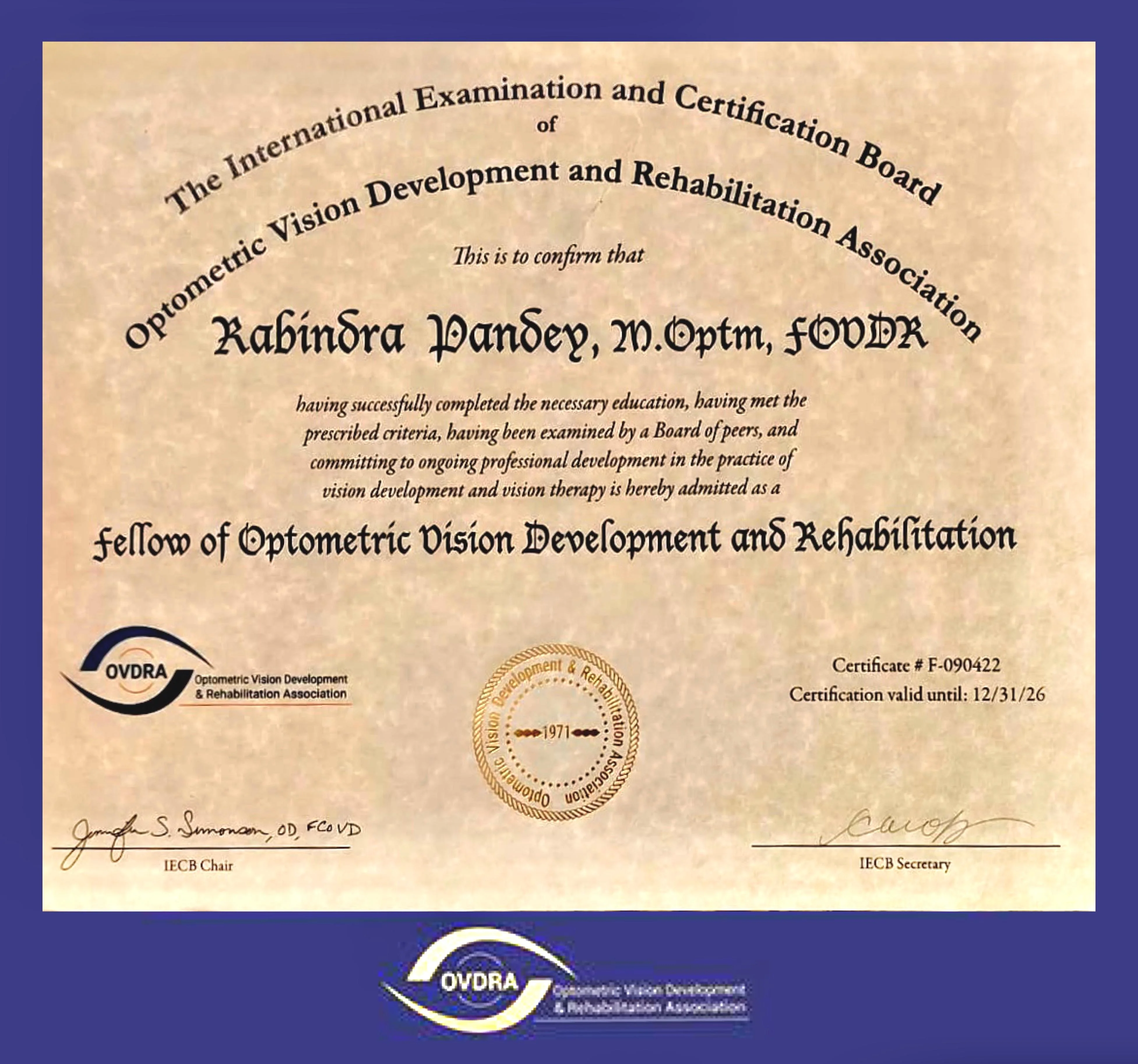 Framed OVDRA Fellowship certificate awarded to Optom. Rabindra Kumar Pandey