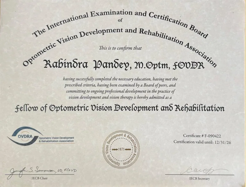 Optom. Rabindra Kumar Pandey Fellow of the Optometric Vision Development and Rehabilitation Association (FOVDR) certificate
