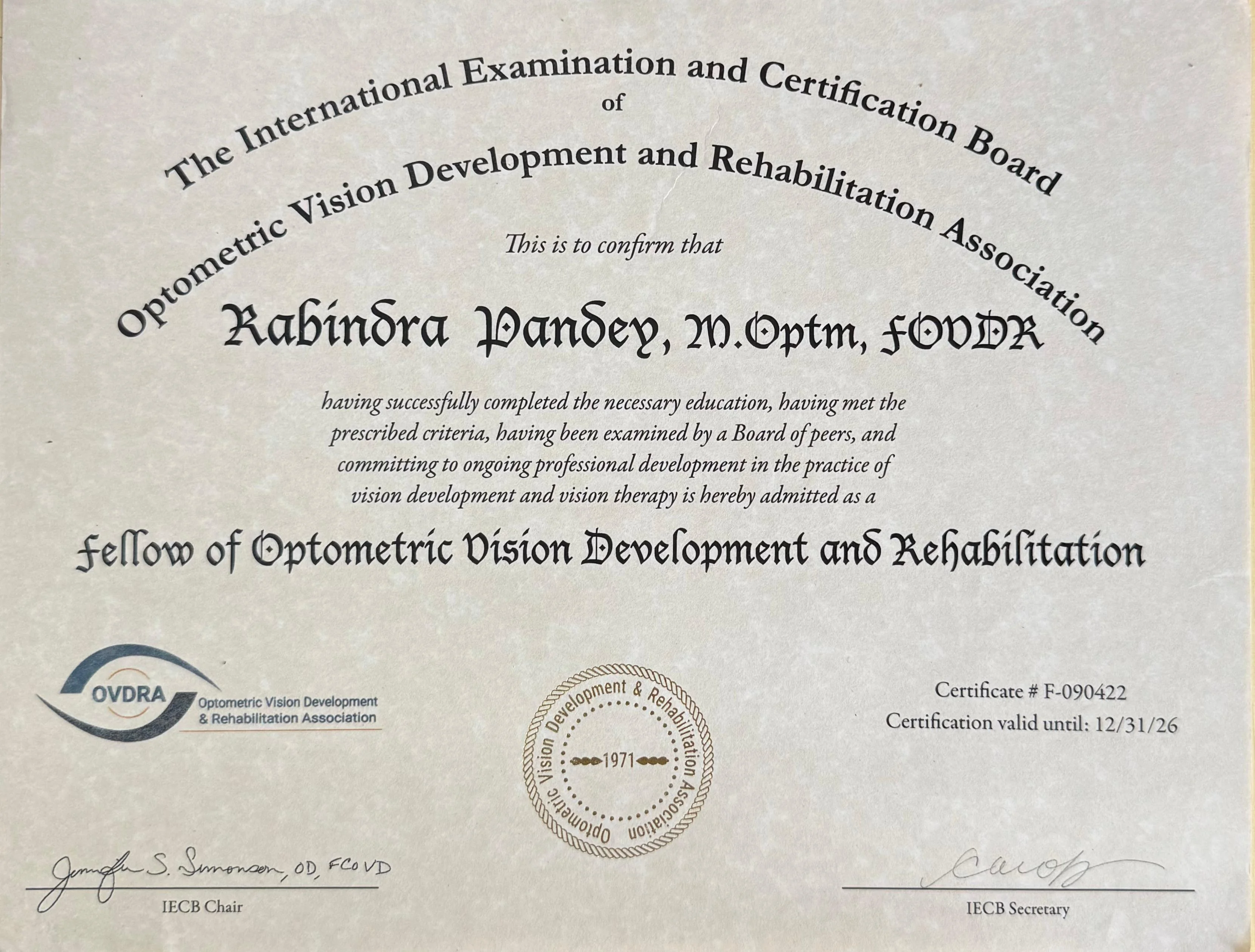 Optom. Rabindra Kumar Pandey Fellow of the Optometric Vision Development and Rehabilitation Association (FOVDR) certificate