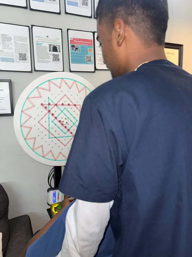 Caring Vision Therapy Ashok Nagar Chennai - Patient performing saccadic eye movement exercise on circular wall chart