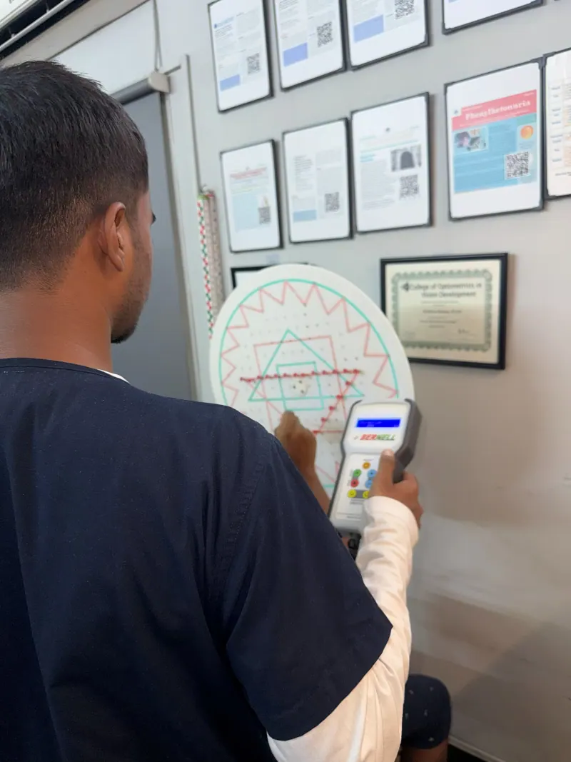 Caring Vision Therapy Ashok Nagar Chennai - Patient during saccadic training session using wall-mounted circular chart