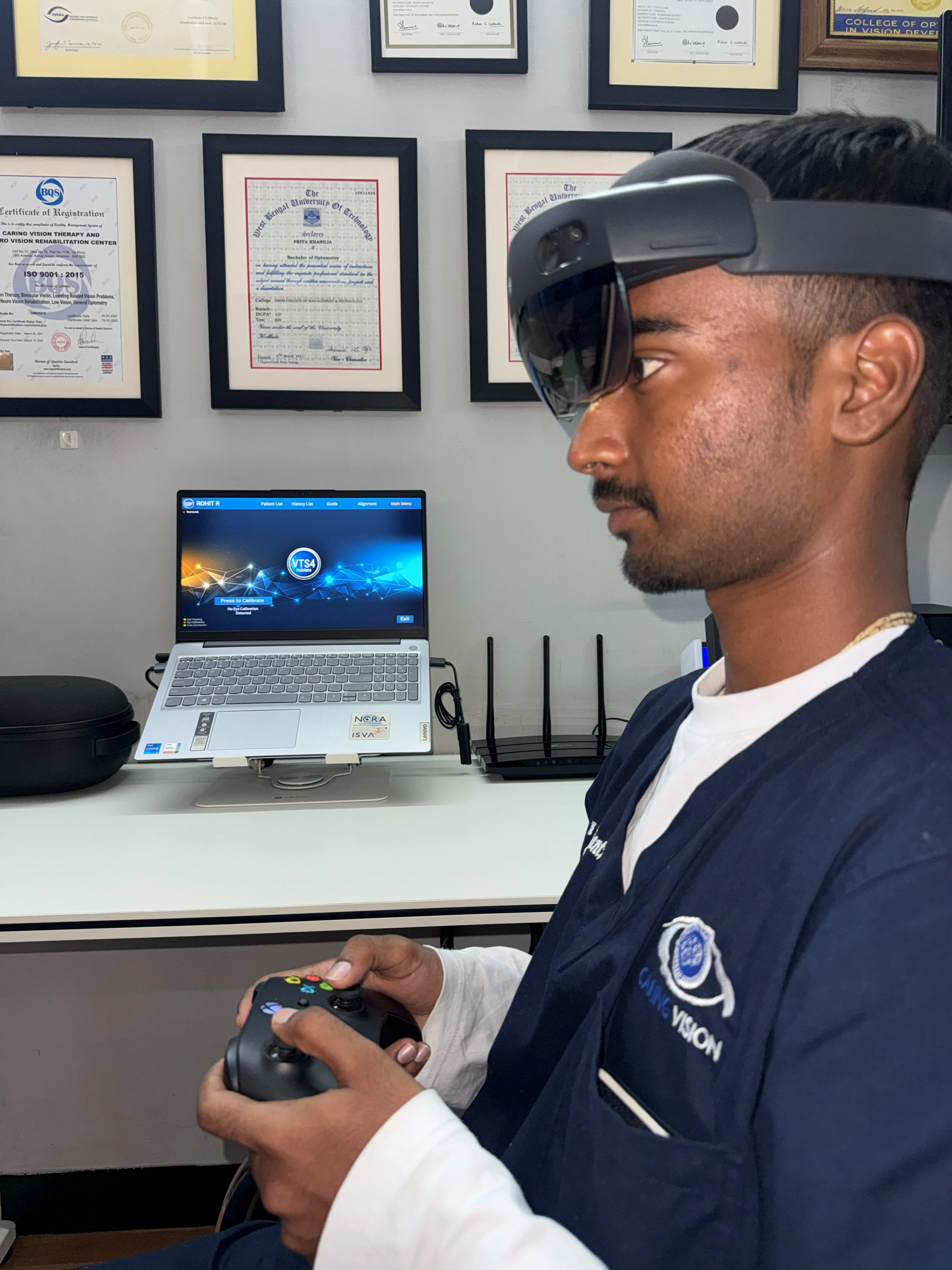 Caring Vision Therapy Ashok Nagar Chennai - Patient using VR headset during virtual reality vision therapy session